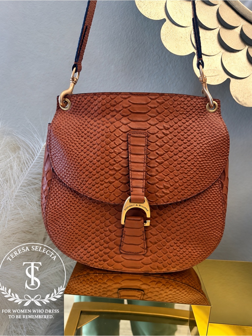Vintage Dooney & Bourke Cognac Embossed Leather Shoulder Bag